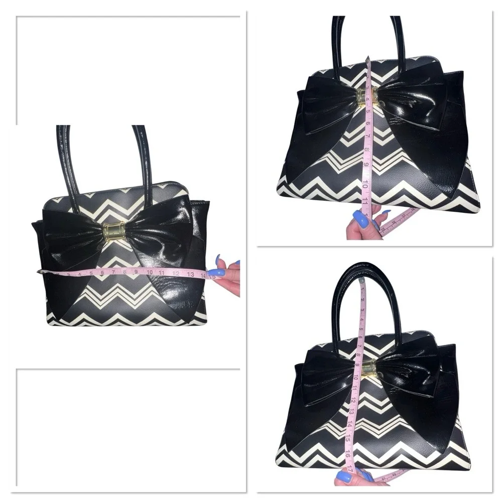 Betsey Johnson Large SATCHEL BLACK WHITE with BIG BOW Zig Zag Print Faux Leather